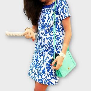 Sheridan French Short Sleeve Beaded Neck Mini Dress in Blue Floral Print Size 2